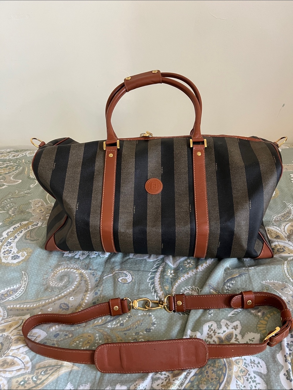 Fendi Black and Brown Striped Canvas Duffel with Brown Leather Trim